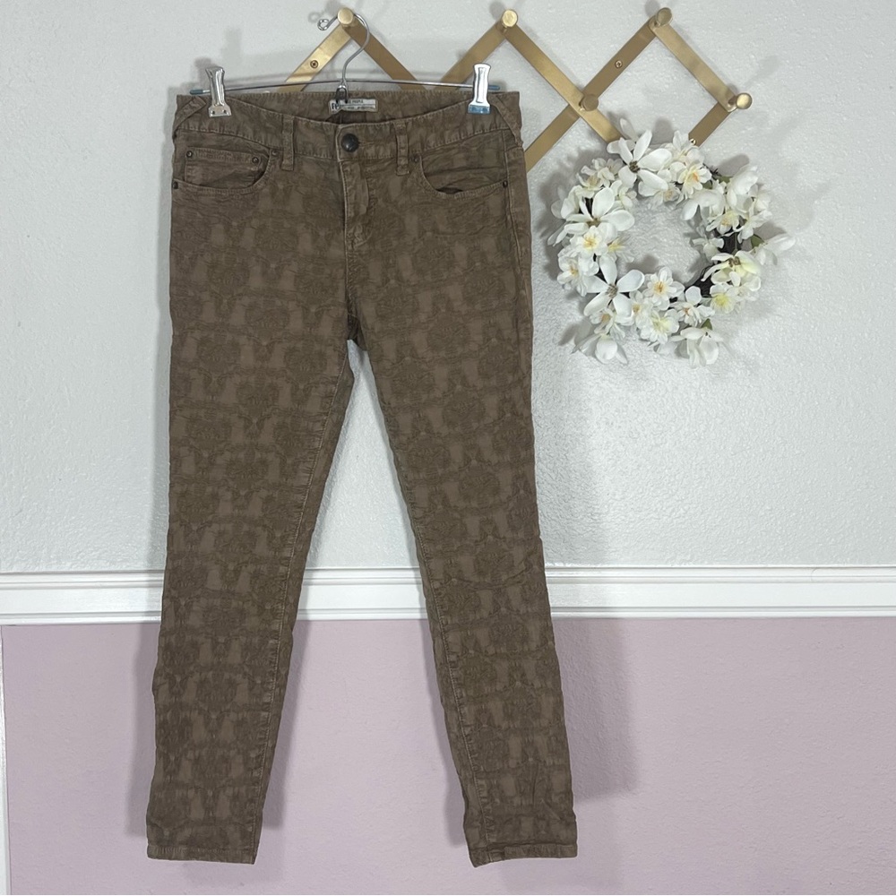 Free People Olive Green Victorian/Gothic Patterned Ankle Jeans